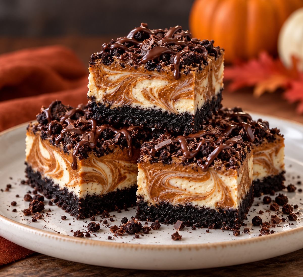 Chocolate Marble Pumpkin Cheesecake Bars (Holiday) - 4 servings